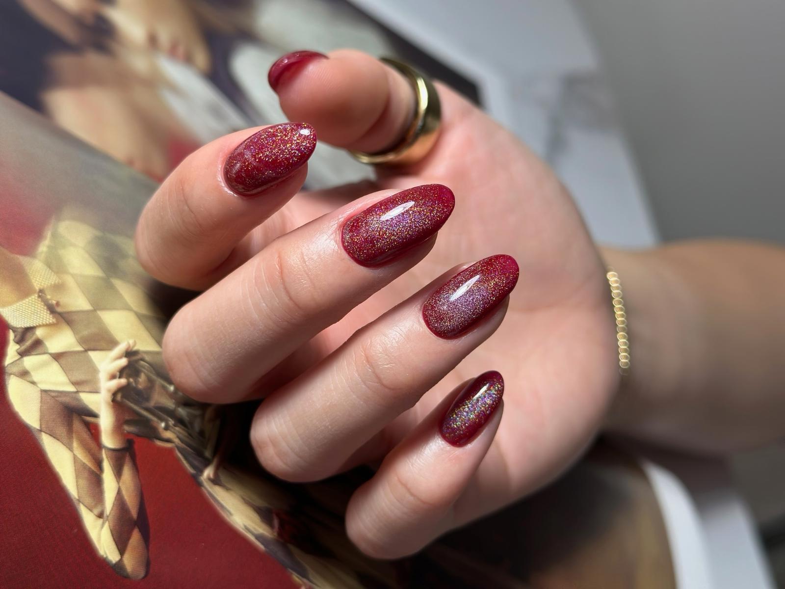 Natural structured gel manicure with a glossy nude finish